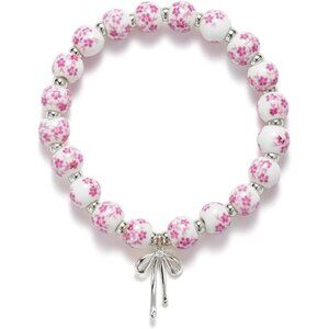 Pink(Silver) Flower Handmade Stretch Dainty Bead Bow Charm Bracelet for Women